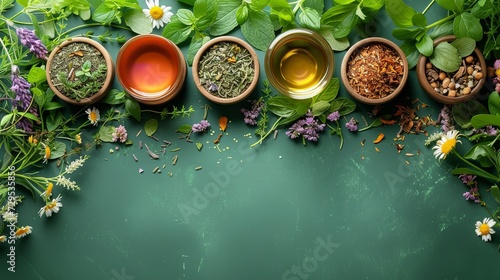 Blends of herbicides for tea and bath on a green backdrop for natural remedies space, Generative AI.