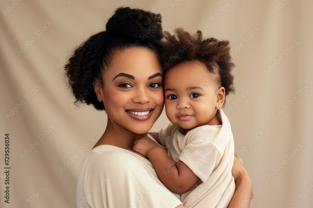 Happy motherhood, family, love. Young beautiful smiling African American woman with a baby in her arms on beige background, portrait. Black girl with child, mother's day