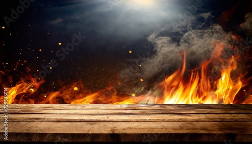wooden table with fire burning at the edge of the table fire particles sparks and smoke in the air with fire flames on a dark background to display products