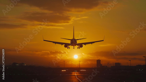 The plane is landing at the airport at sunset. The runway. The silhouette of an airplane.