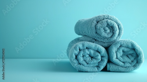 Blue spa towels with a blue backdrop in a empty space, Generative AI.