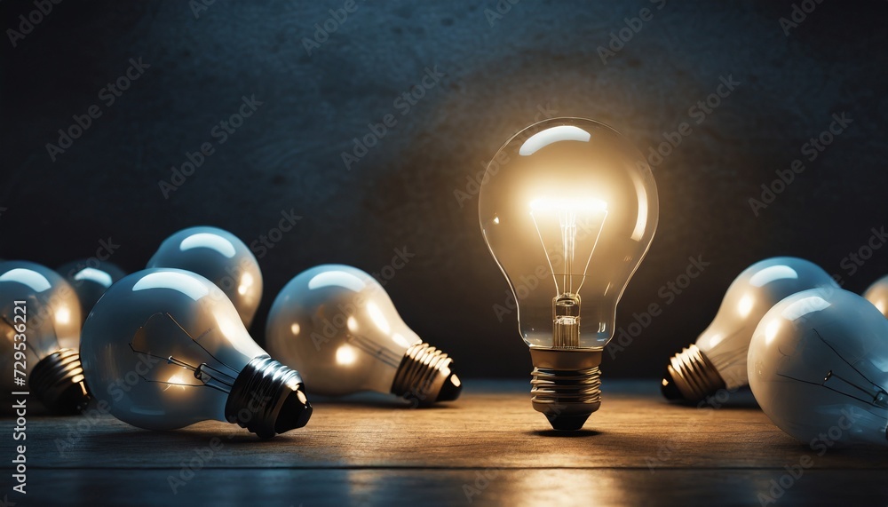 one of lightbulb glowing among shutdown light bulb in dark area with copy space for creative thinking problem solving solution and outstanding concept by 3d rendering technique - obrazy, fototapety, plakaty 