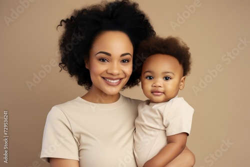 Happy motherhood, family, love. Young beautiful smiling African American woman with a baby in her arms on beige background, portrait. Black girl with child, mother's day
