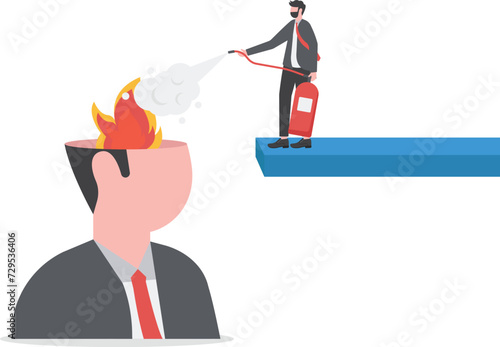 Therapy to cool down burning mind or anger, reduce burnout or mental illness, depression, cure anxiety and stress concept, man with fire extinguisher try to extinguish burning fire on human head.

