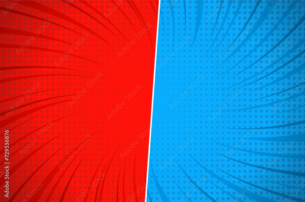 Obraz premium Flat design red comic style background. Pop art comic background lightning blast halftone dots. Pop comics book cartoon magazine cover. Cartoon funny retro pattern strip mockup. Split screen