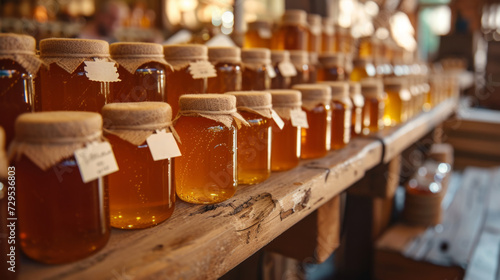Wallpaper Mural Row of honey jars with burlap covers and tags on a wooden shelf at a local market.
 Torontodigital.ca