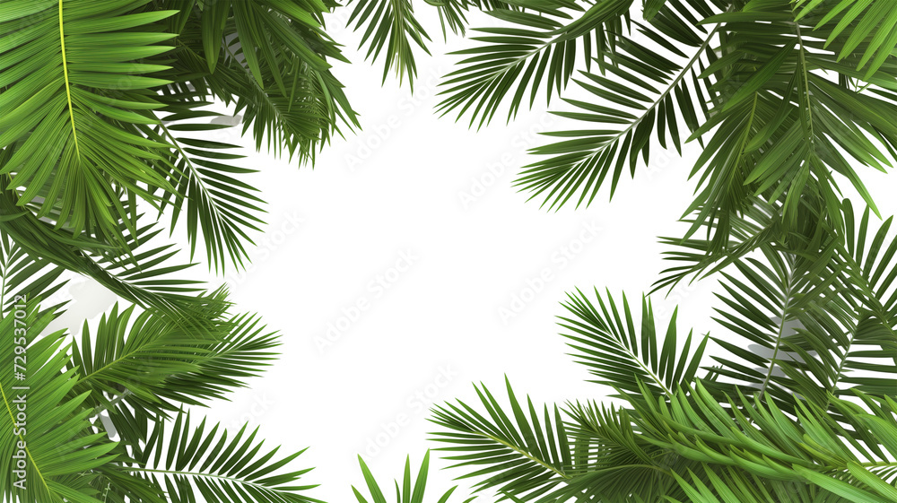 Fototapeta Tropical frame with green palm leaves. Tropical plant branches isolated on a transparent background.