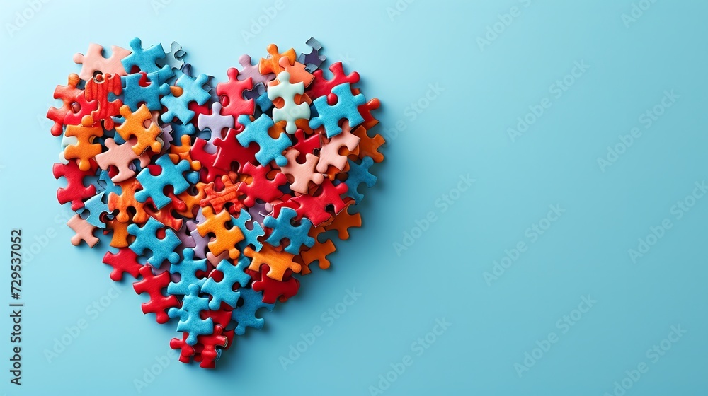 Brightly colored puzzle-style heart on a pale blue backdrop, concept of autistic disorder with space, Generative AI.