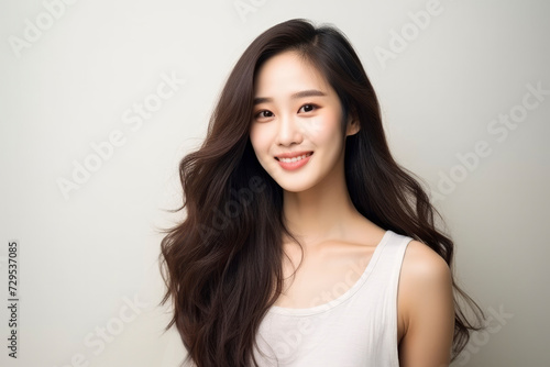 A cute Asian girl with perfect skin and long hair smiles on a plain light background. Concept of beauty, fashion, cosmetology, face and body care. Japanese woman model 