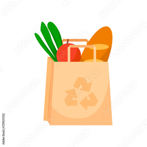 Paper eco bag with products. Delivery of eco food products. Ecological outdoor camping vector illustration.