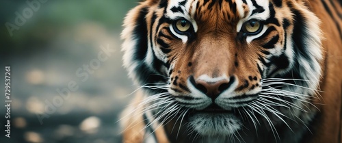 a large tiger with blue eyes looking at the camera outside
