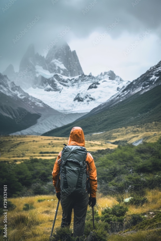 A hiker in orange jacket gazes at snowy mountains amidst greenery under a cloudy sky.