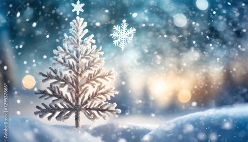 abstract winter background featuring a blurred christmas tree in a snowy landscape with a snowflake as a symbol of christmas © Lauren