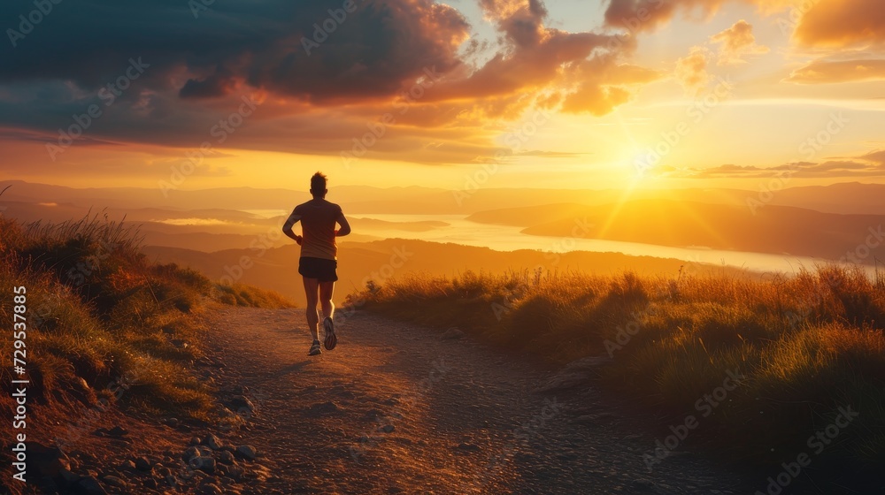 Runner on a coastal path with a vibrant sunset over the sea horizon.