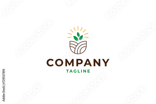 agriculture logo with glowing leaf plants and fields in line art design style