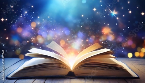 an open book with a magical fantasy night view with a book the magical power of reading and words knowledge abstract background with a book