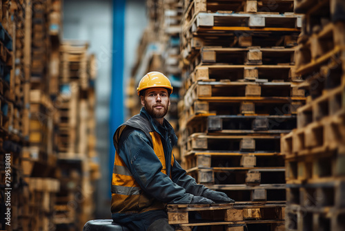 A man works in a large warehouse, raising pallets
