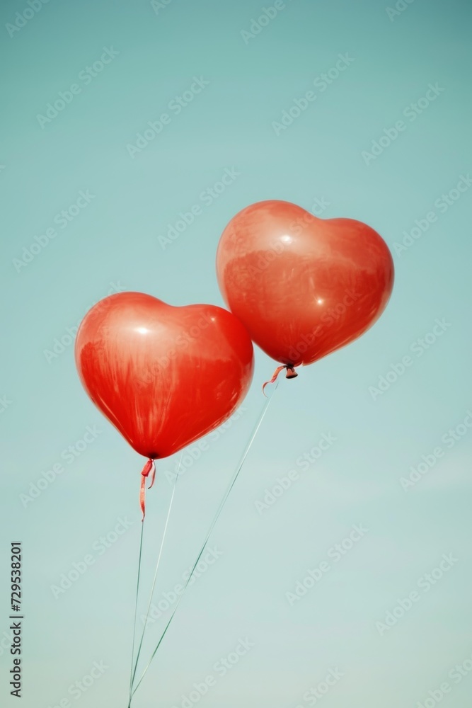 Two red heart-shaped balloons on blue sky background. Valentines day concept
