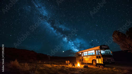 A night scene of a vacation bus at a campsite under a starry sky.