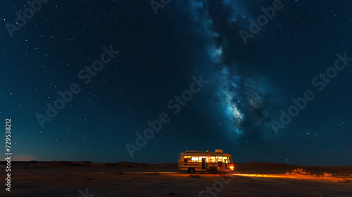 A night shot of a vacation bus parked under a sky full of stars at a remote desert location.