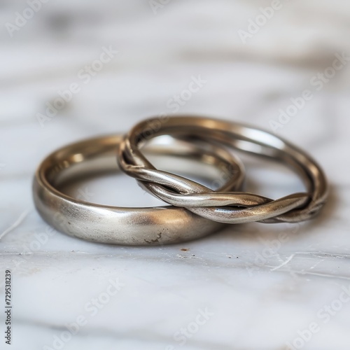 Wedding rings on a marble background, close-up.
