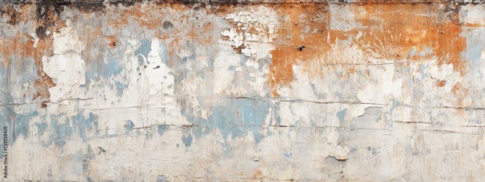 Abstract textured surface with white paint over patches of rust and blue tones. grunge textures for poster and web banner design. Cement texture background 