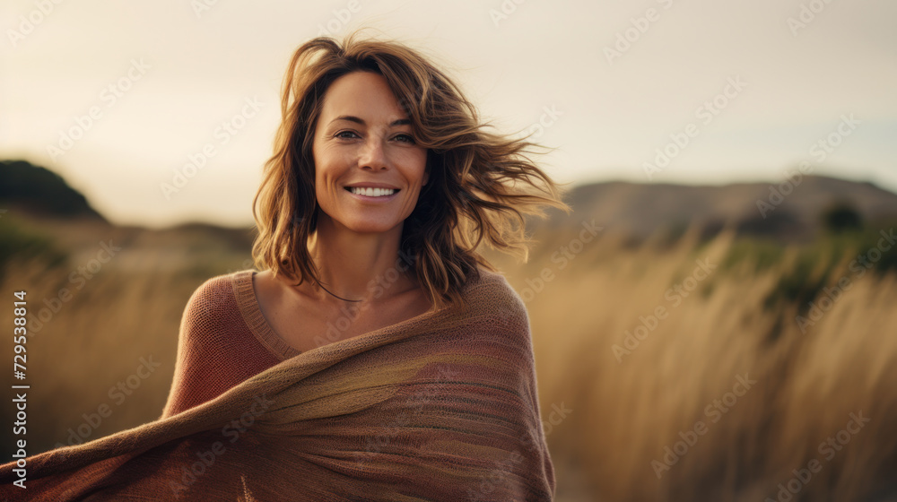 Senior Woman Walking Through Sand Dunes On Winter Beach Senior Woman Walking Through Sand Dunes On Winter Beach