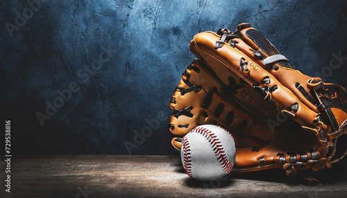baseball glove with ball close up in studio with dark texture backdrop copy space for sport graphic concept