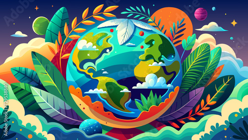 Globe surrounded by elements representing Earth Day s significance  Generative AI