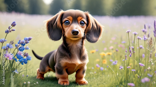 Dachshund puppy in the grass with flowers