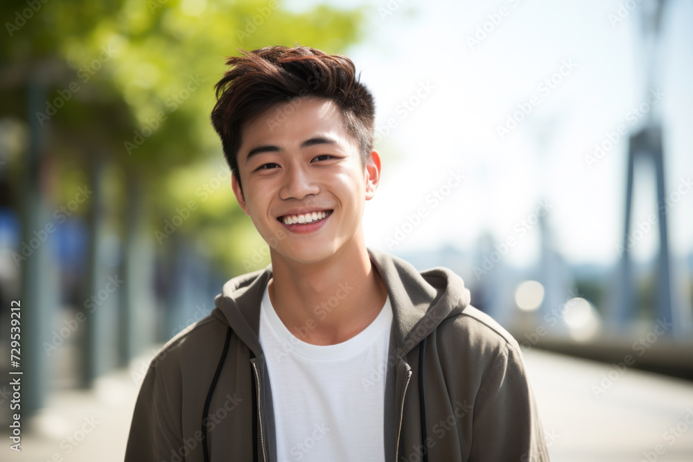 Portrait of positive asian man standing outdoors, walking in urban city area, looking and smiling at camera, free copy space Portrait of positive asian man standing outdoors, walking in urban city area, looking and smiling at camera, free copy space