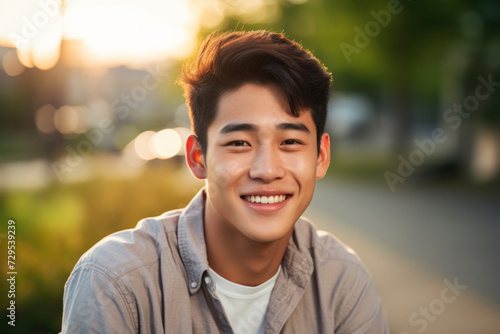 Portrait of positive asian man standing outdoors, walking in urban city area, looking and smiling at camera, free copy space