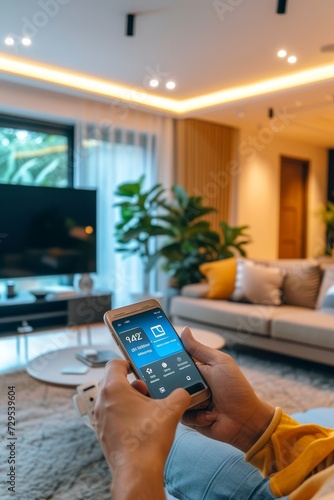 User interacting with an advanced smart home system through a smartphone in a modern, well-designed living space.