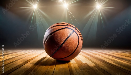 basketball on hardwood court floor with spot lighting © Lauren