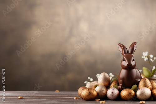 Easter chocolate bunny, eggs and spring flowers. Space for text. Generative AI.