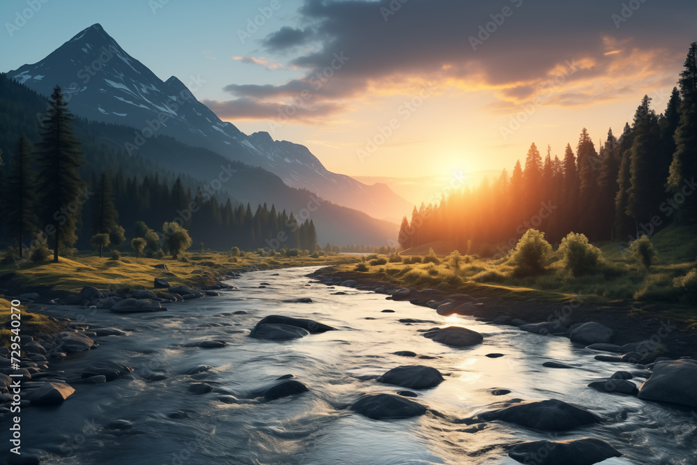 Nordic landscape with mountains river and forest at sunset. Generative AI.