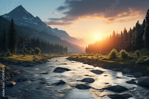 Nordic landscape with mountains river and forest at sunset. Generative AI.