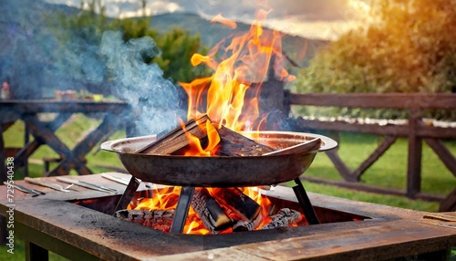 barbecue grill with fire on open air fire flame