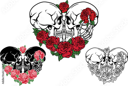 Skull Lovers with Red Roses vector T-shirt Illustration, Skull T-shirt, Cricut file, Laser engraving file, CNC cut file, vinyl cut file