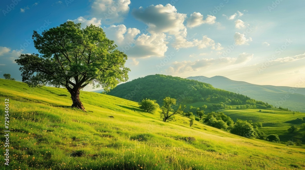 Obraz premium Majestic tree stands on a lush hillside with rolling mountains under a soft sunset. AI Generative