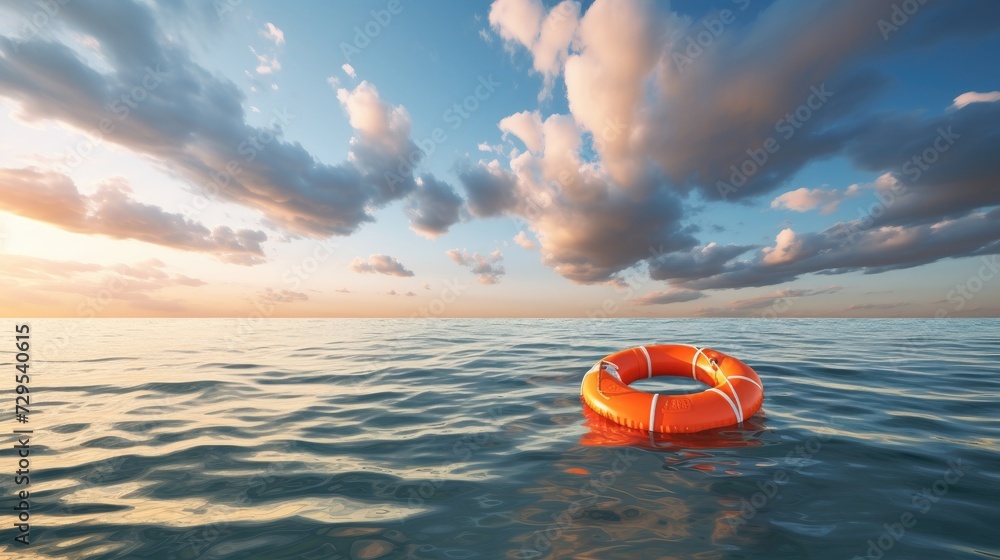 lifebuoy safety and rescue concept. Prevent drowning. An orange lifebuoy floats on the sea - obrazy, fototapety, plakaty 