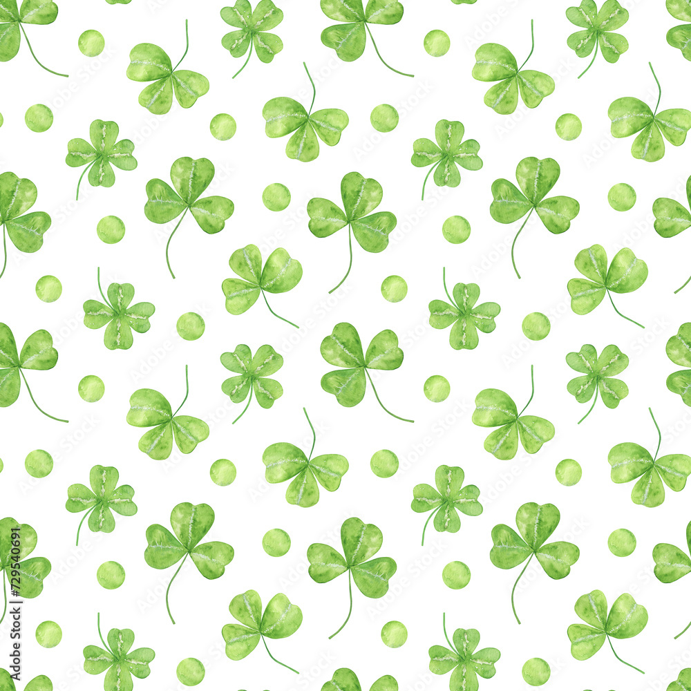 Shamrock leaves seamless pattern, symbol of luck in Ireland and its spring national holiday, St Patrick's day, seasonal hand drawn watercolor illustration, vintage and romantic style repeat ornament Shamrock leaves seamless pattern, symbol of luck in Ireland and its spring national holiday, St Patrick's day, seasonal hand drawn watercolor illustration, vintage and romantic style repeat ornament