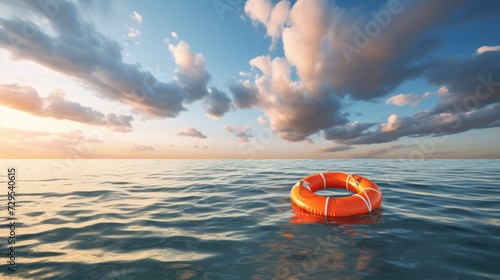 lifebuoy safety and rescue concept. Prevent drowning. An orange lifebuoy floats on the sea photo