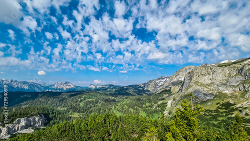 Panoramic view of alpine landscape seen from Allakogel, Hochschwab mountains, Styria, Austria. Wanderlust in wilderness of Austrian Alps, Europe. Hiking trail in Muerztal valley Obersteiermark, summer photo