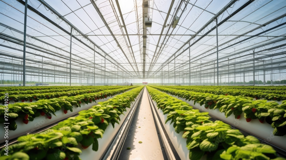 Modern hydroponic strawberry greenhouse, farmer working with strawberry in greenhouse , agriculture technology, AI generated Modern hydroponic strawberry greenhouse, farmer working with strawberry in greenhouse , agriculture technology, AI generated