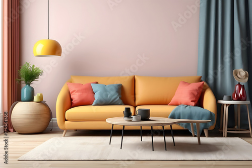 Living room interior with sofa table lamp design and copy space design.3d rendering design.