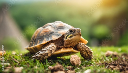 A beautiful turtle crawling on the ground
