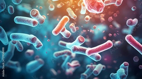 Various shapes of bacteria, probiotics under microscope, science, medicine concept background photo