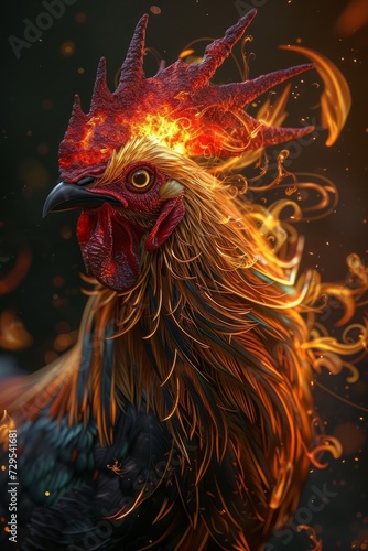 Enchanting Fusion of Rooster and Fire - A Mythical Creature Portrait with Brilliant Flame-Colored Feathers. Experience the Intensity of Burning Embers in a 3D Rendered Artwork