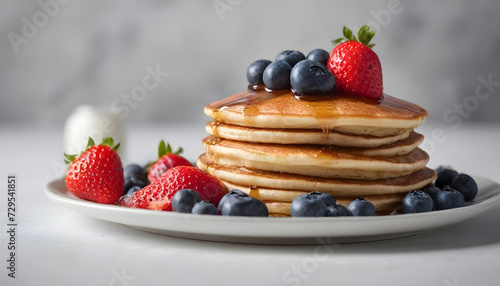 A Stack of Pancakes with Blueberries and Strawberries on a Plate, Syrup Being Poured (1)
